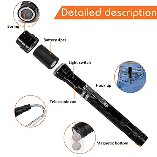 Gifts for Dad&Men Fathers Day-Magnetic Pickup Tool with LED, Telescoping Black