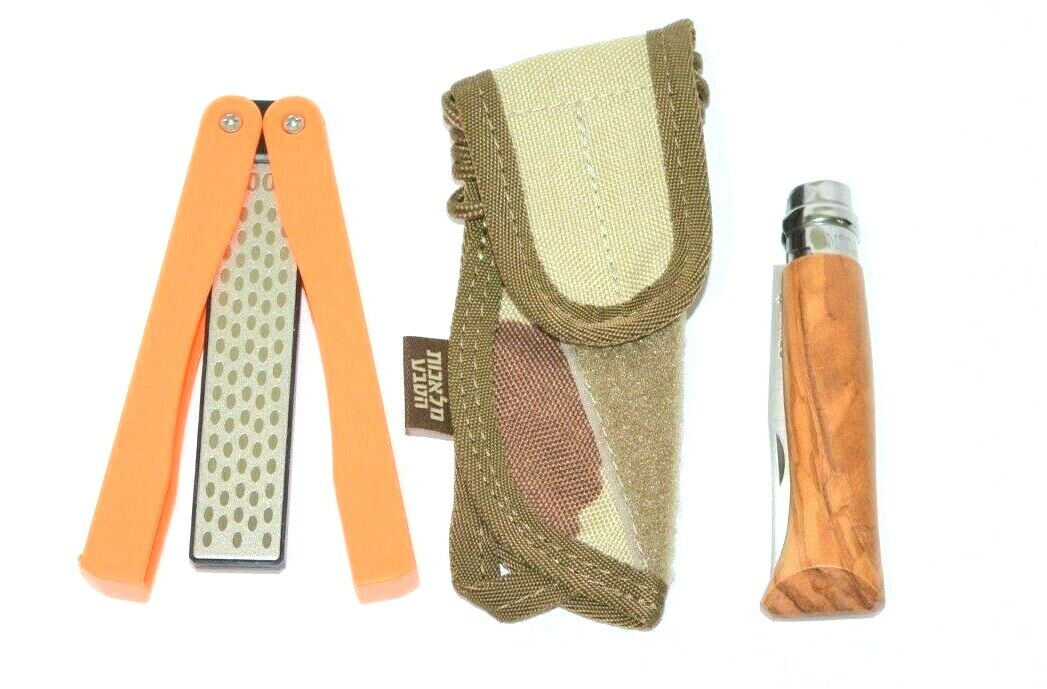 Pocket knife Opinel 8 olive wood + diamond sharpening stone + Cordura sheath 