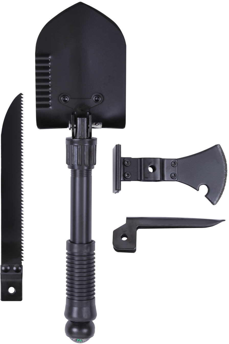 Black 5-In-1 Multi Purpose Camping Tool Emergency – Shovel Saw Axe Pick Compass