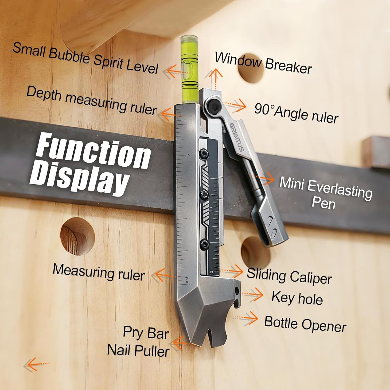 GIRIAITUS EDC pry bar with folding ruler, 11-in-1 bottle opener and nail puller