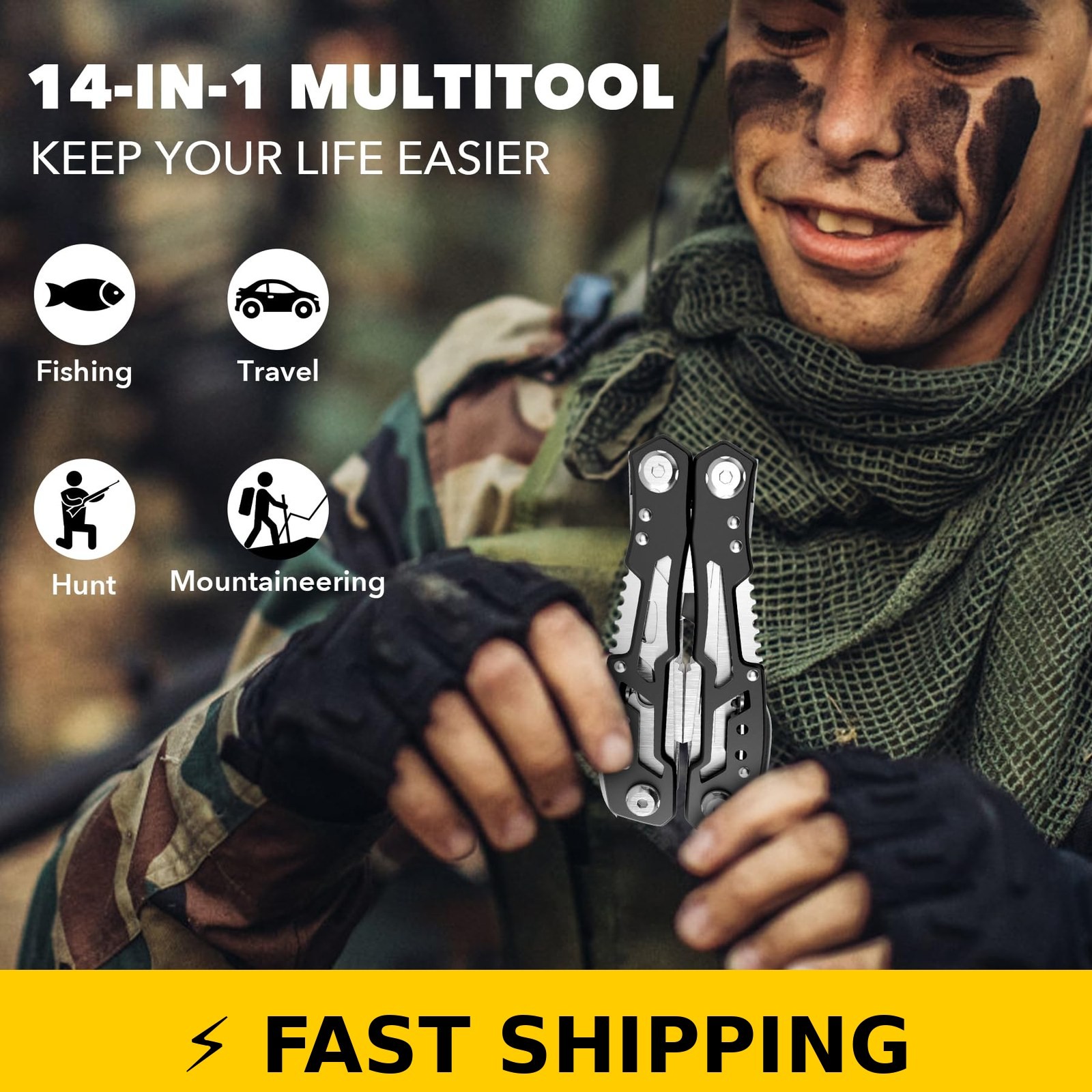 14-In-1 Fangfo Multitool with Safety Locking – Stainless Steel