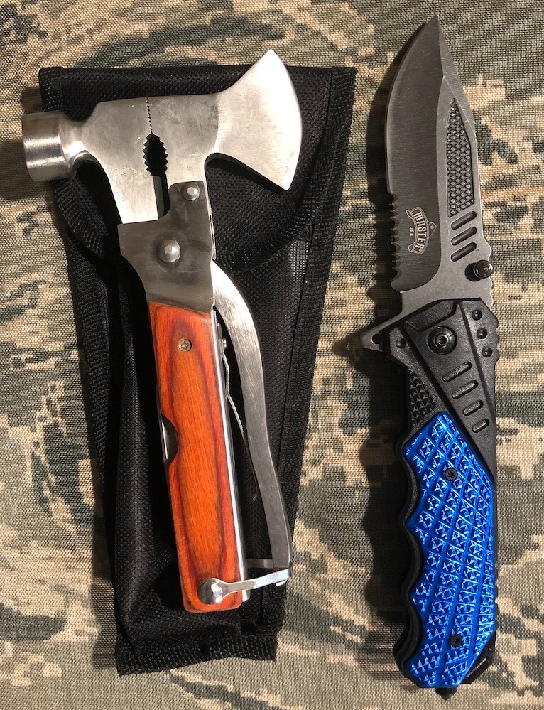 Multi Tool Hatchet Hammer Saw Pliers File Case + Tactical Pocket Knife – cr