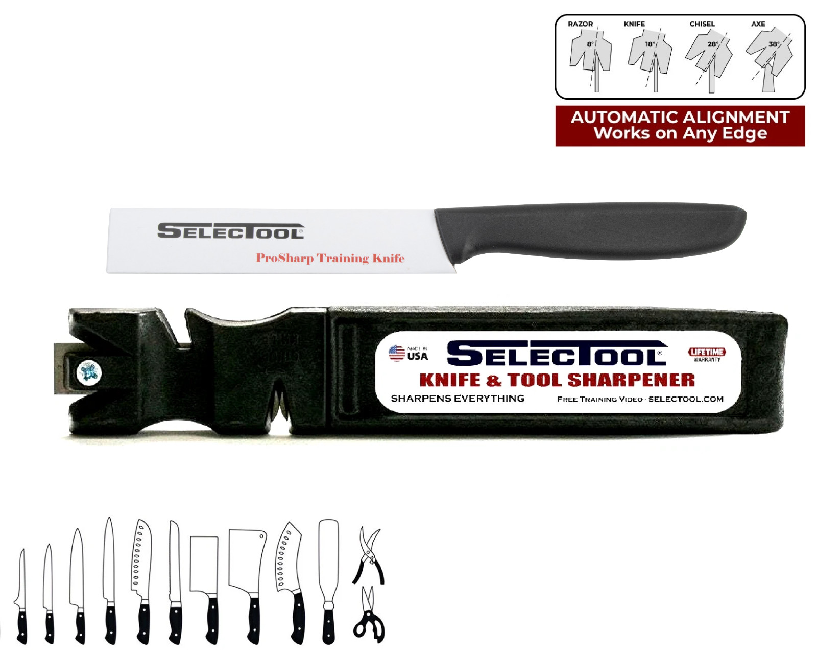 SELECTOOL 4-in-1 Knife & Tool Sharpener Made in USA + FREE Training Knife