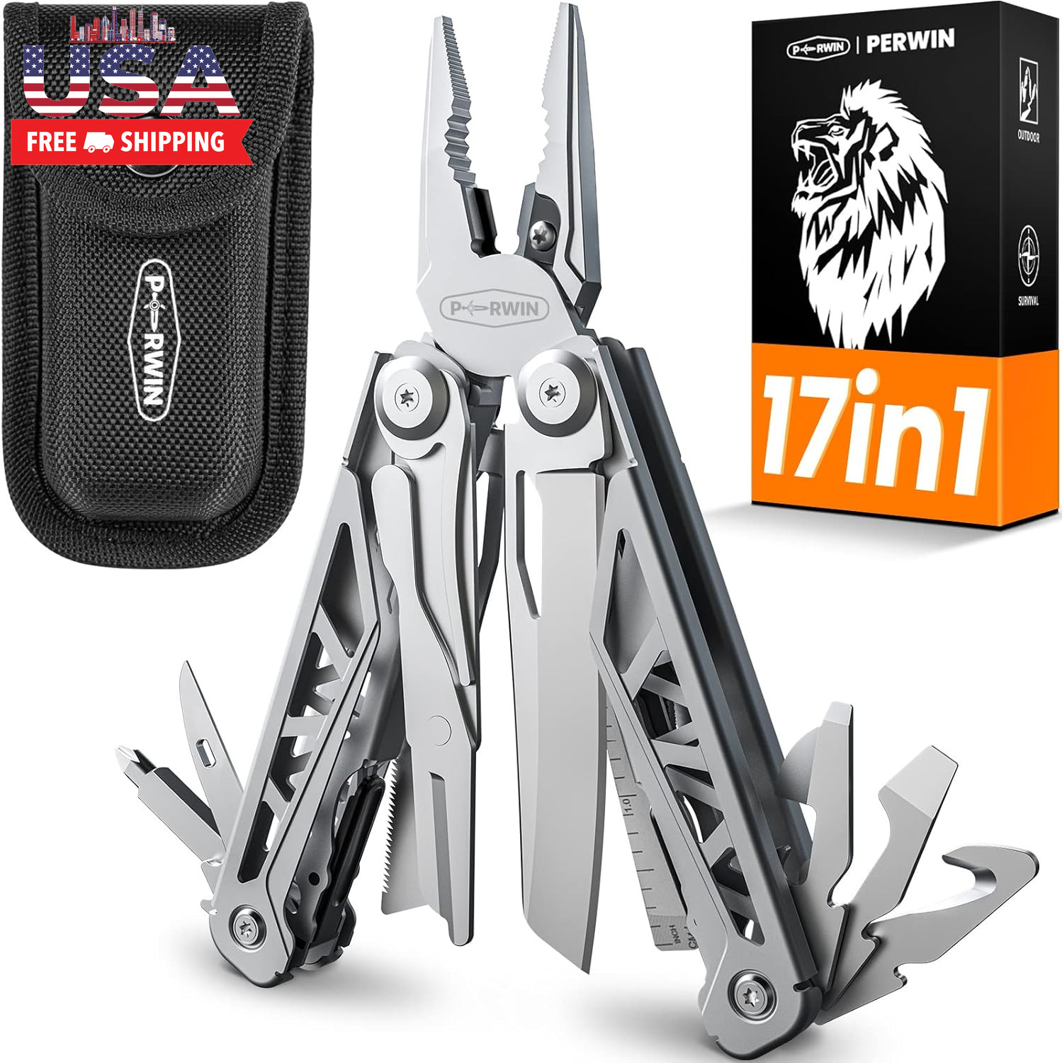 Multitool, 17-In-1 Stainless Steel Multi Tool Pliers with Self-Locking, Pocket K