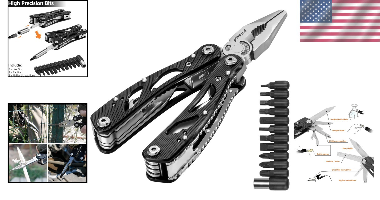 Versatile Stainless Steel Multitool with Pliers, Knife & 11 Screwdriver Bits