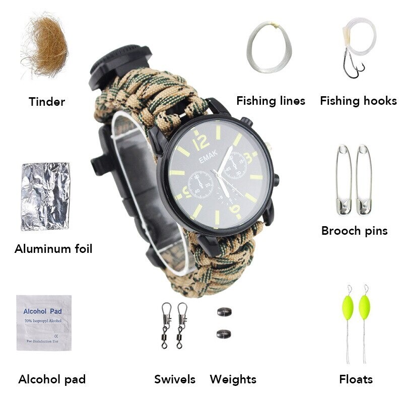 Emergency Survival Outdoor Watch Analogue Compass Paracord Flint And Steel Kit