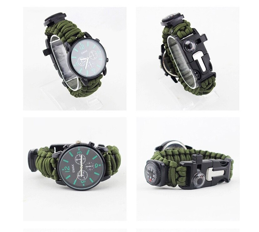 Emergency Survival Outdoor Watch Analogue Compass Paracord Flint And Steel Kit