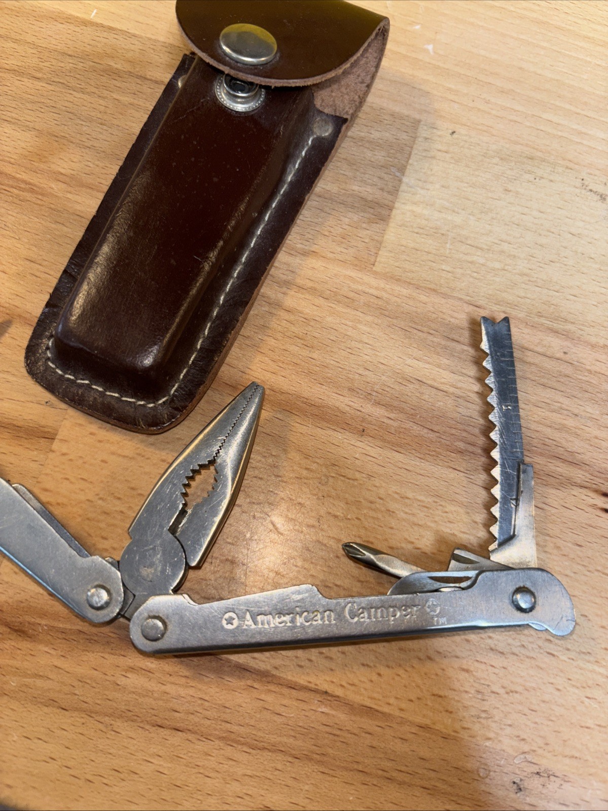 VTG American Camper Stainless Steel Multi Tool Foldable W Brown Belt Case Sheath