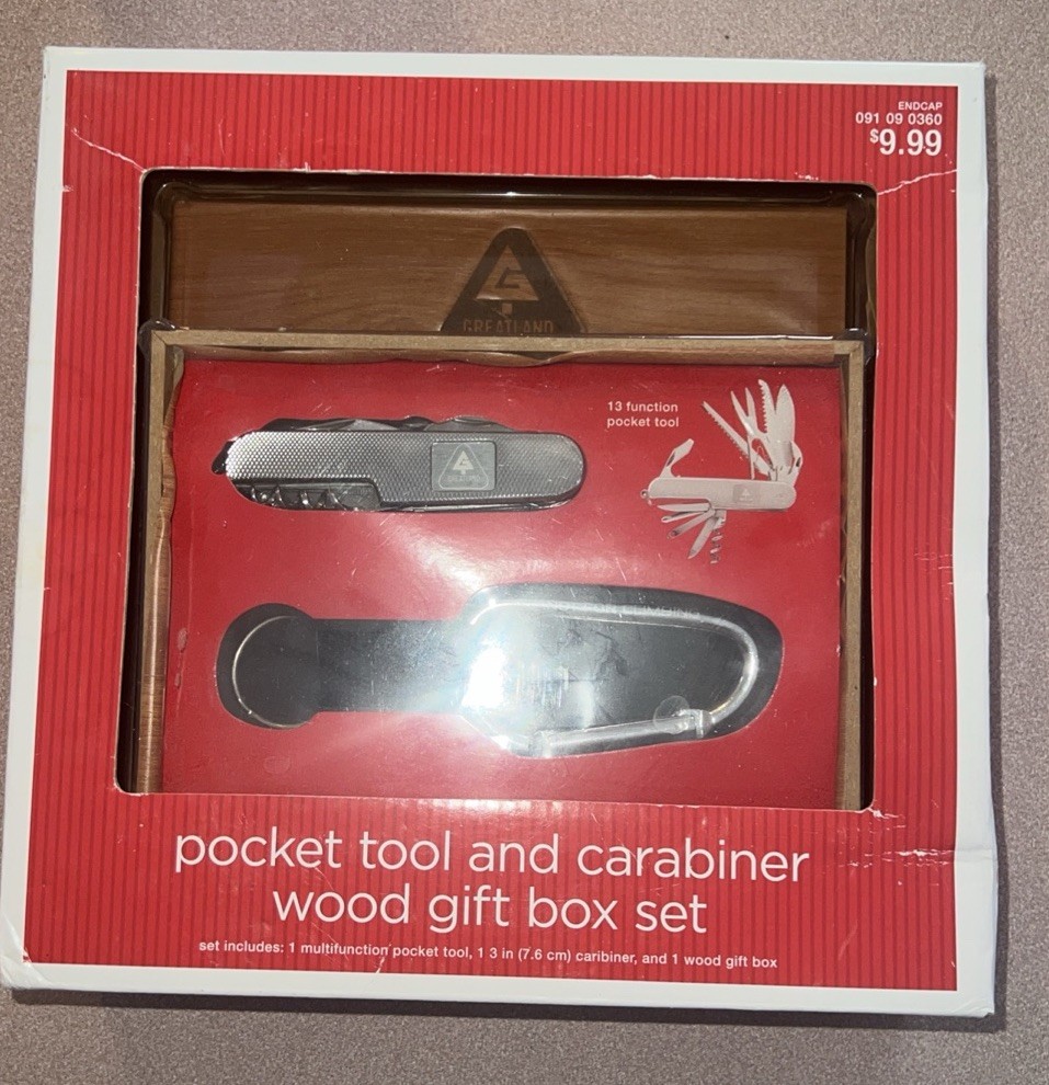 Pocket Tool And Carabiner Wood Gift Box Set NEW