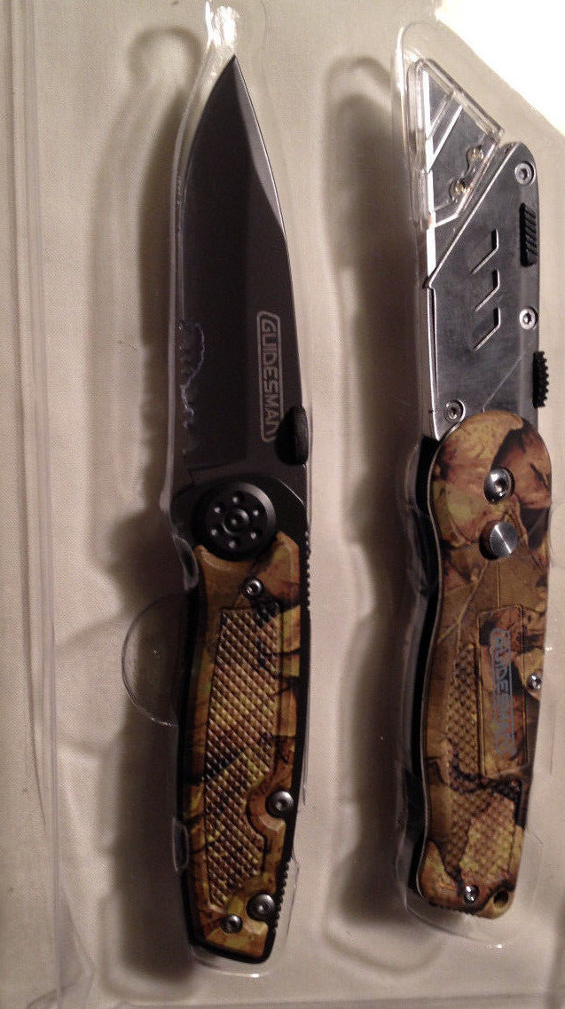 Guidesman 2.5″ Folding SS Knife,Titanium Plated Drop Pt + Utility Knife, 2PC Set