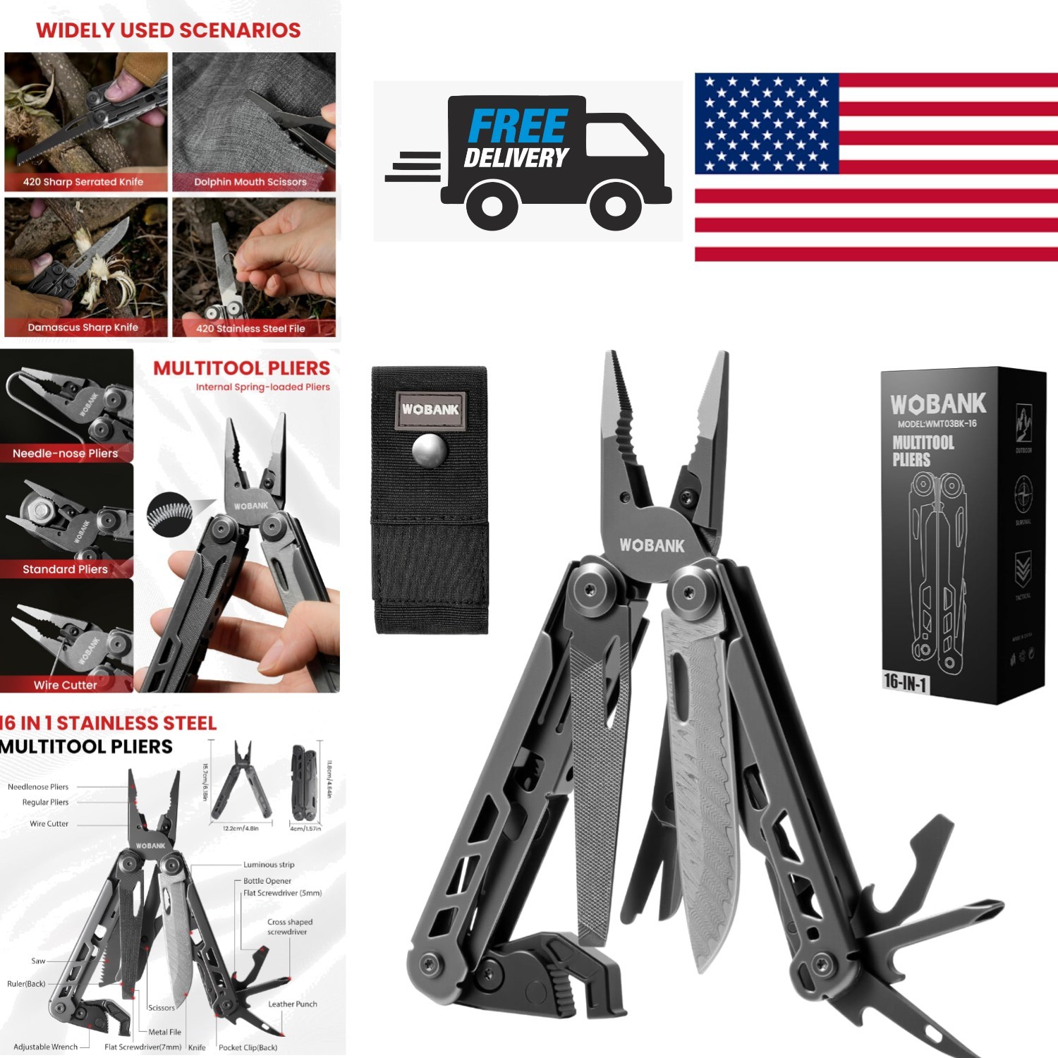 Camping Multitool 16 in 1 Stainless Steel with Wire Cutter and Adjustable Wrench