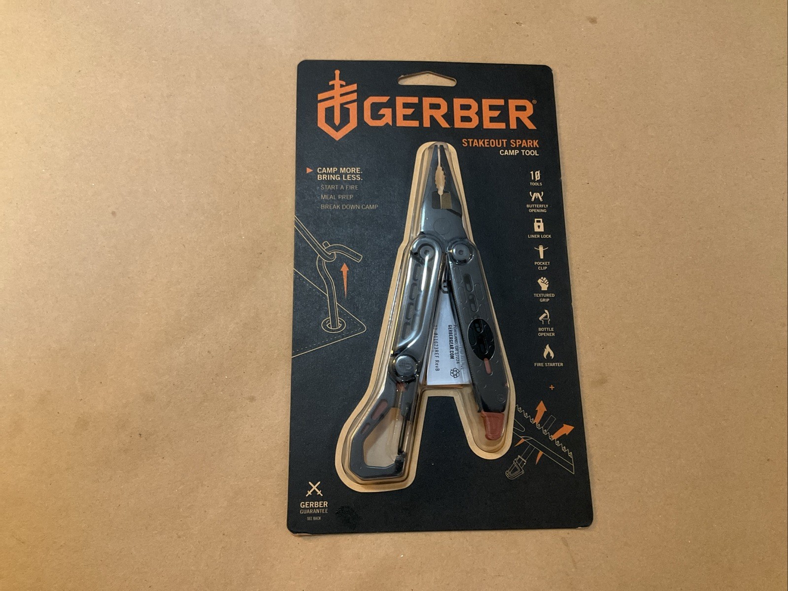 Gerber Stakeout Spark 10 Tools In 1 Pocket Clip Ferro Rod Black/Orange Color