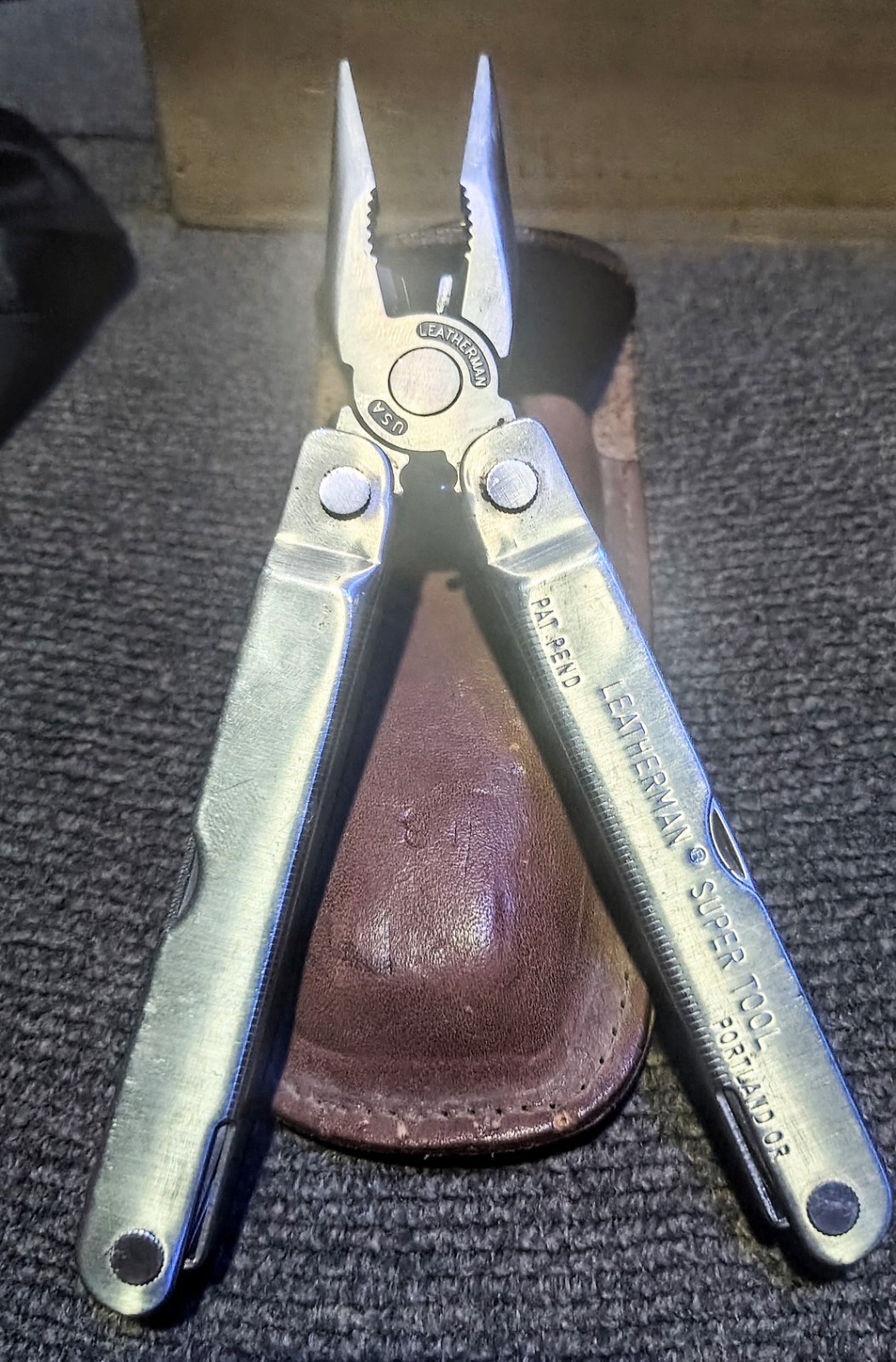 Original Vtg Leatherman Super Tool Pat. Pending w/leather Sheath #0201 CLEAN ++