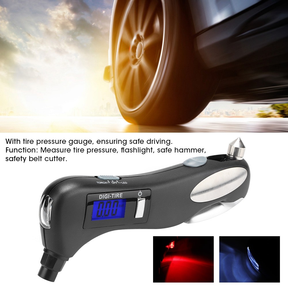 Multifunctional Outdoor Emergency Car Flashlight Tire Pressure Gauge Cutter AHPF