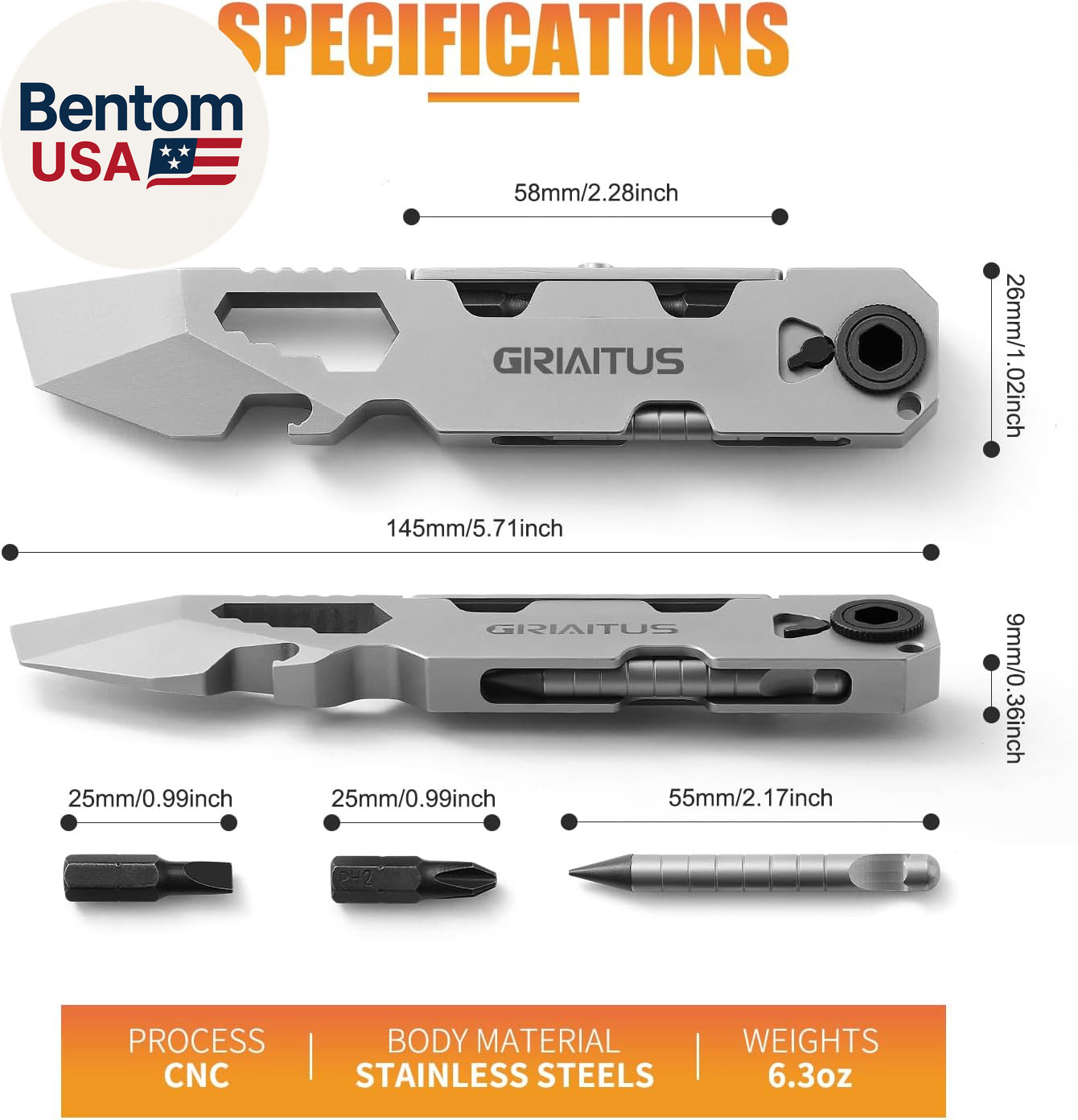 EDC Pry Bar Multitool with Bi-Directional Ratchet Screwdriver & Everlasting Pen,