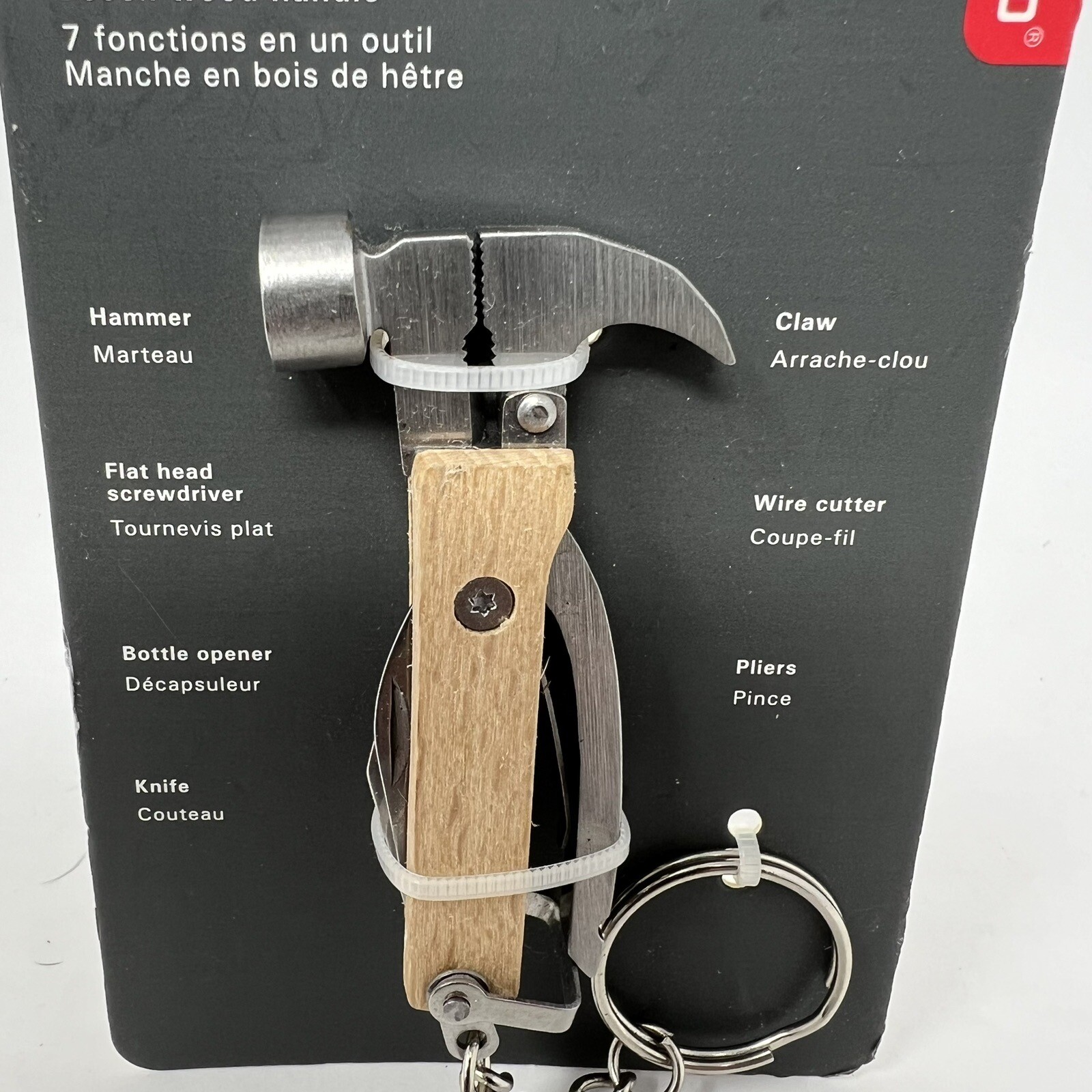 Kikkerland KR13-W Mini Wooden Hammer Tool Keyring 7 in 1 Bottle Opener Knife
