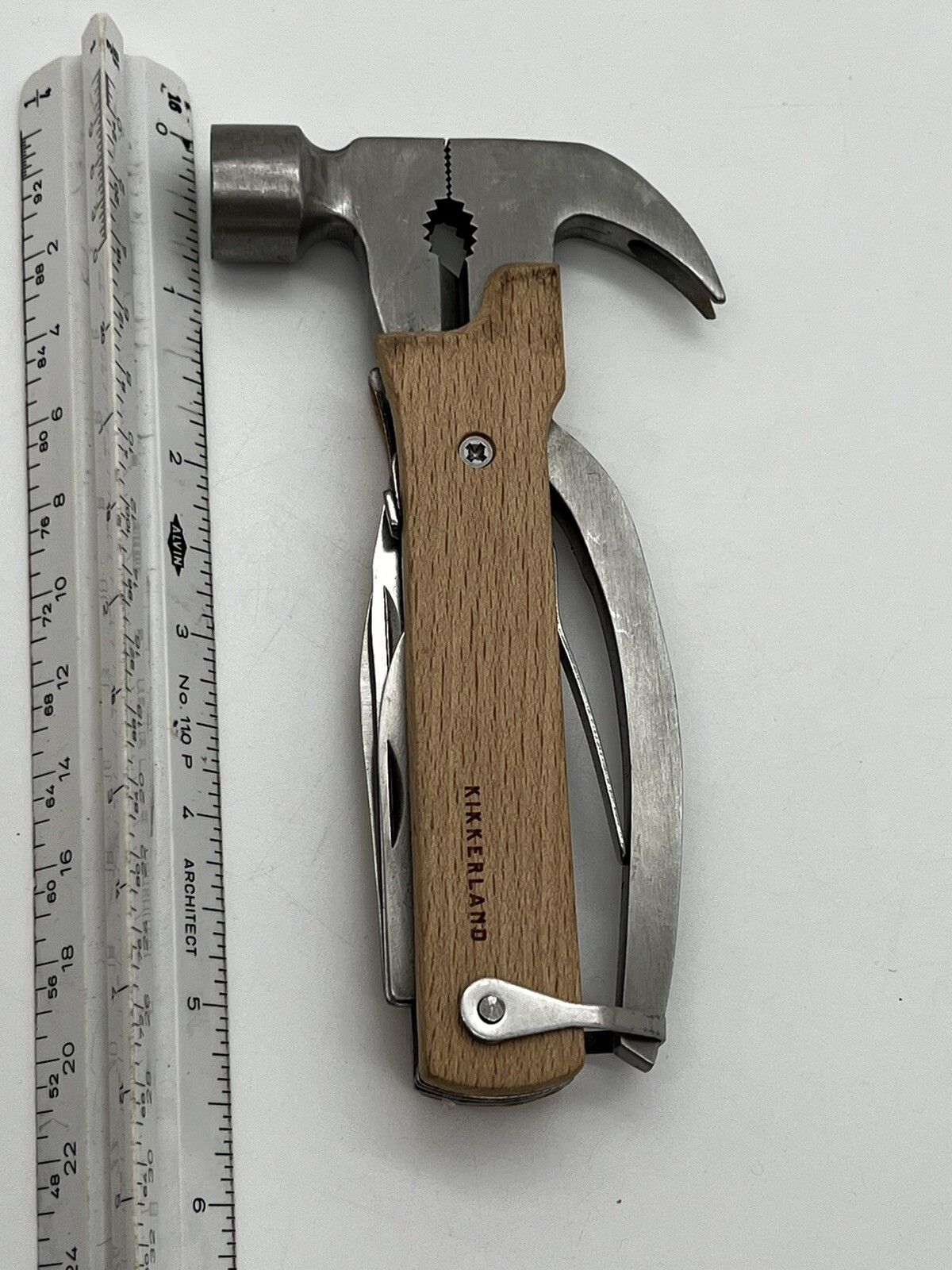 Kikkerland Hammer Multi Tool – Wooden Grips – knives, pliers, screwdriver, saw +