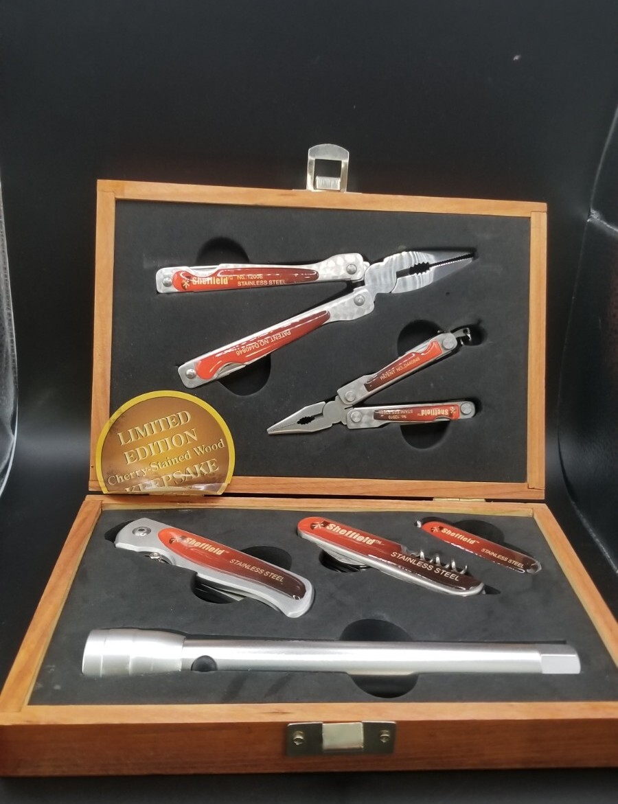 Sheffield 6 Piece Multi Function Tool Kit Limited Edition Cherry Stained Woodbox