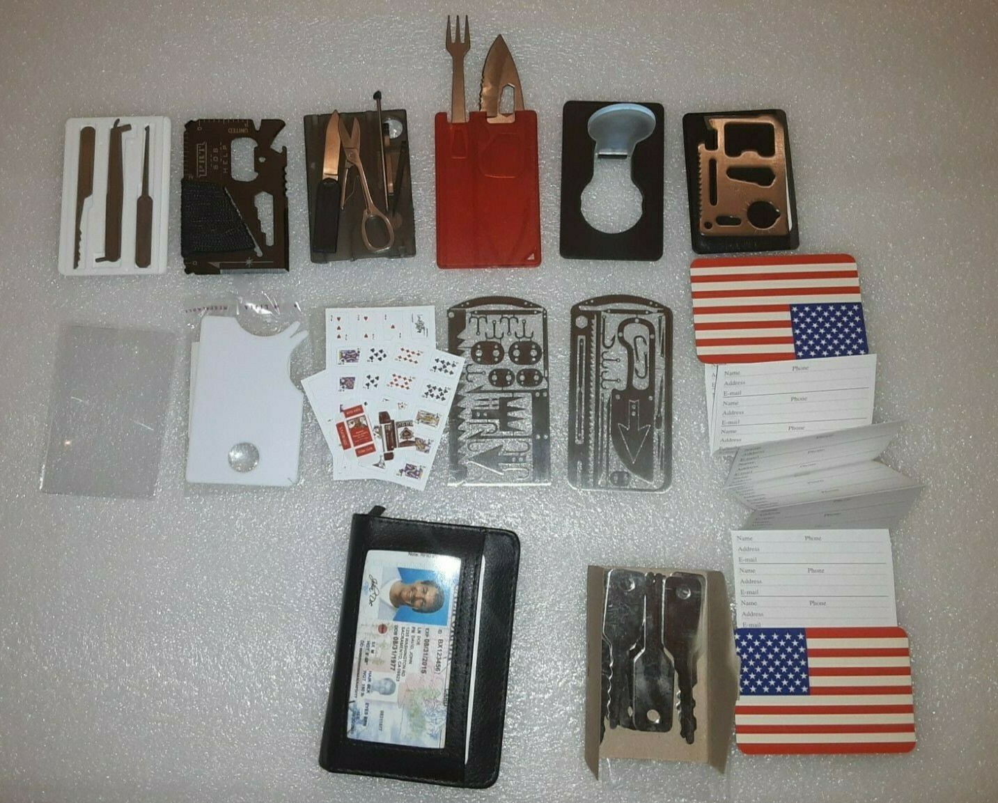 Survival Card multi tool & WALLET 15pc LOT- EDC W/Credit card shape bottle