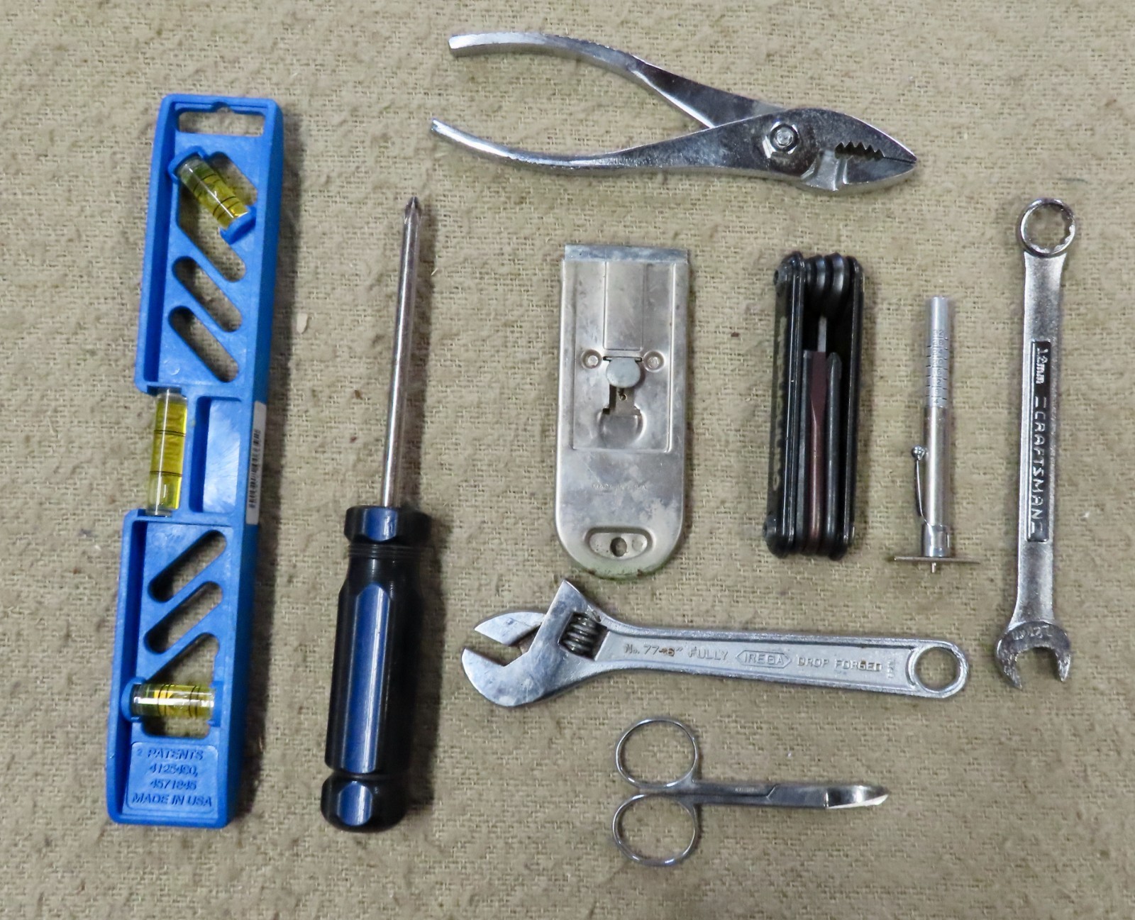 Lot of Nine Contemporary Tools,Small Level,Tire Gauge, Scissors, Allen Set, More