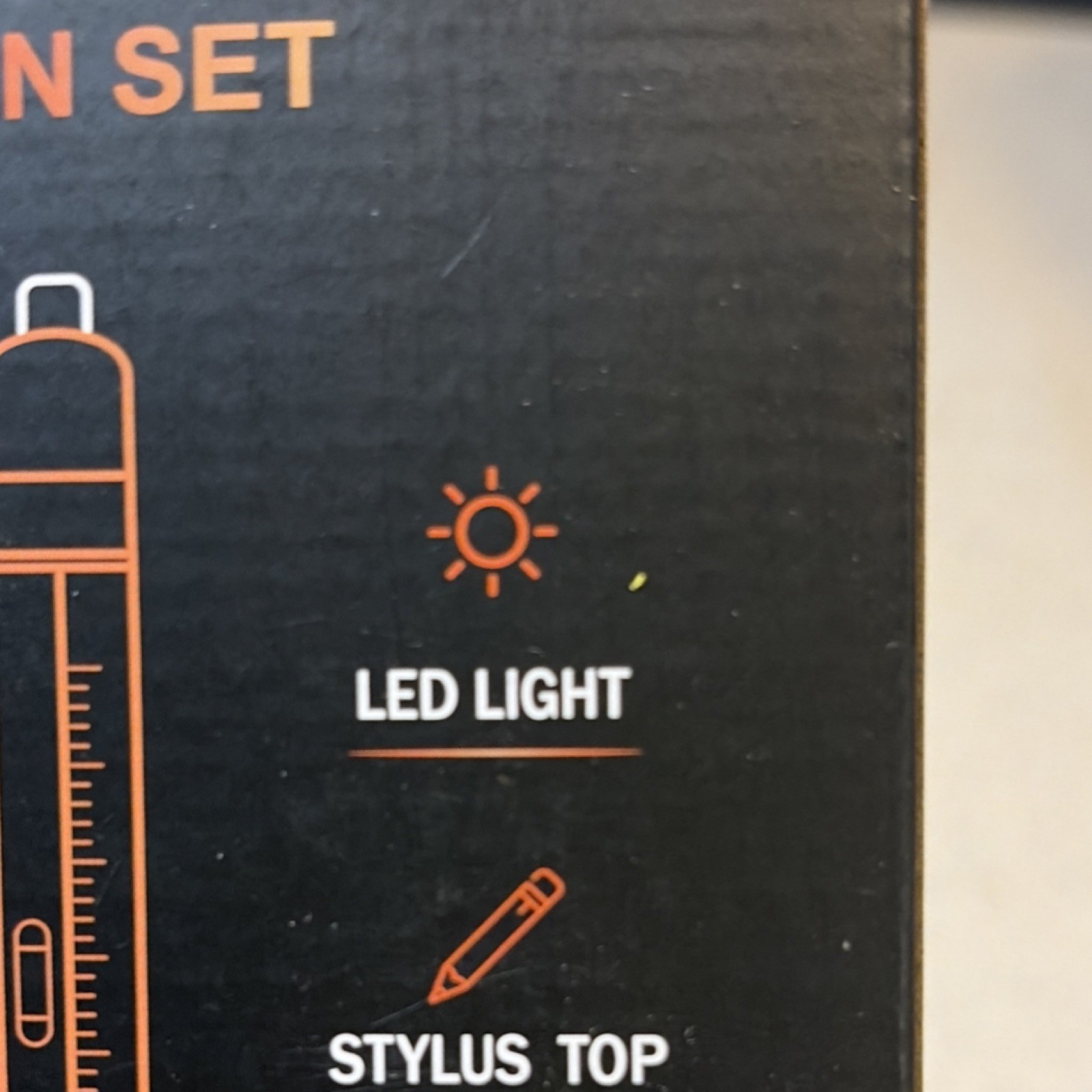 Black Multi-Tool Pen with LED Light, Stylus, Screwdriver, Ruler, Bubble Level