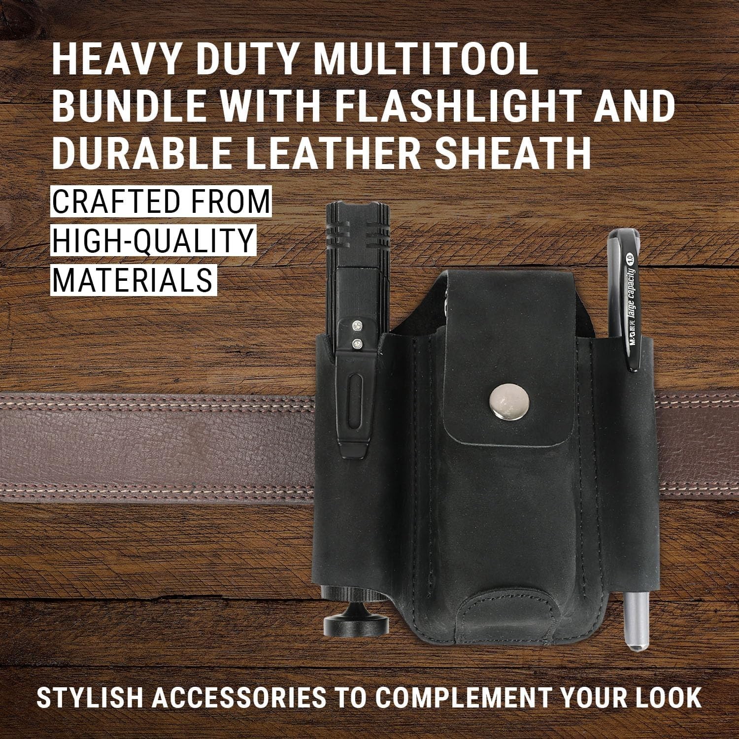 EPG Heavy Duty Multitool Bundle: Leather Case, Multi-Function Flashlight, Screwd