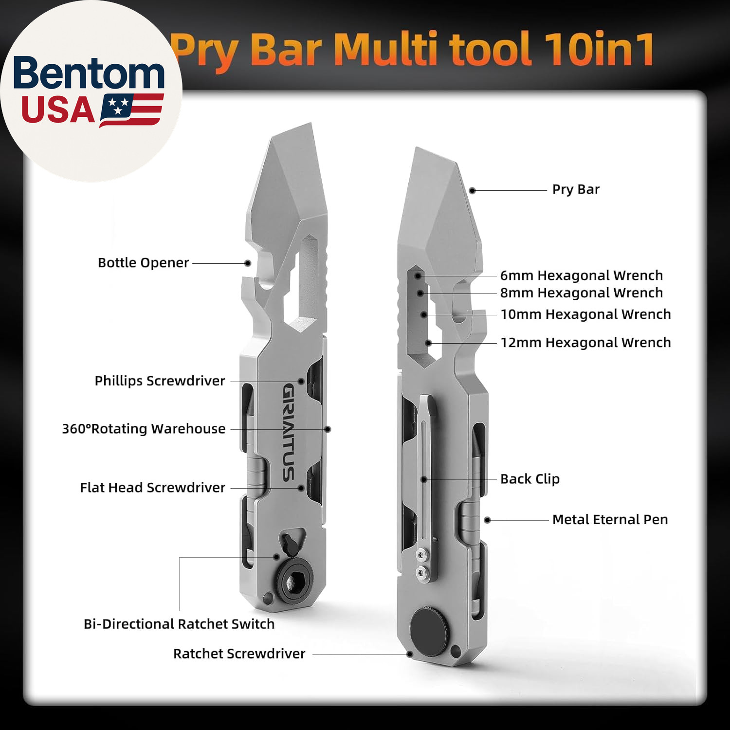 EDC Pry Bar Multitool with Bi-Directional Ratchet Screwdriver & Everlasting Pen,