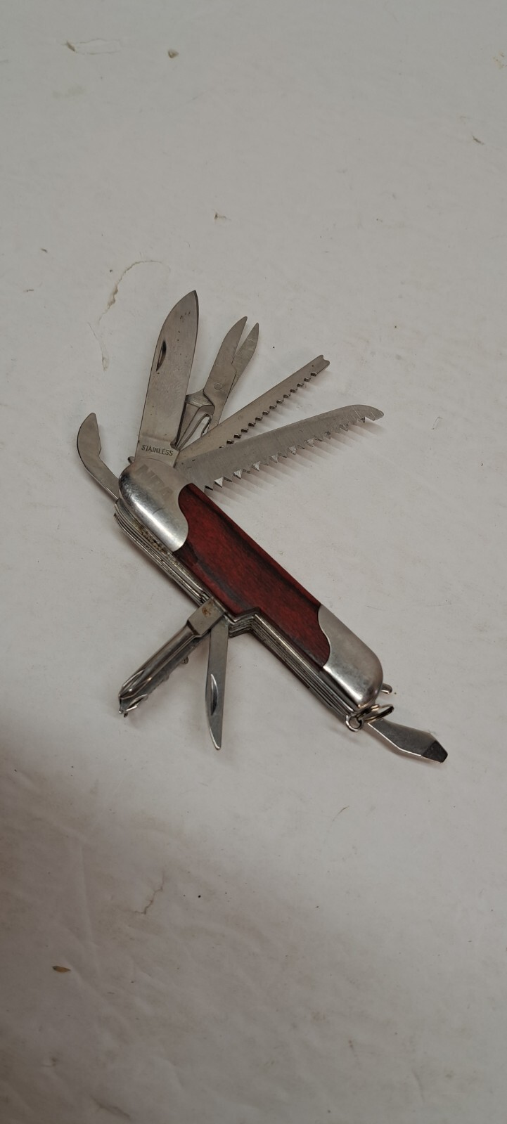 Vintage NRA 11 Multi Tool Knife Scissors Screwdriver Saw Wood Handle 3.5″ Long