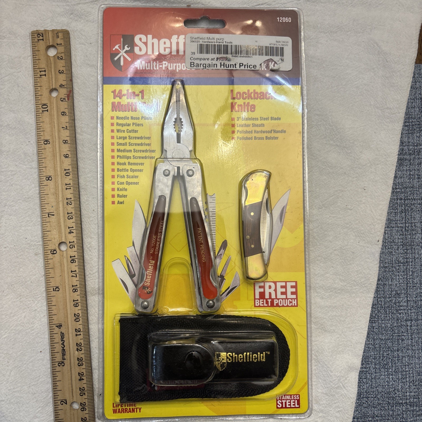SHEFFIELD KNIFE & 14 IN 1 MULTI TOOL w BELT POUCH SET VTG 1990’s SEALED