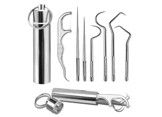 7PC Portable Steel Toothpicks Set Reusable Metal Toothpick Kit gift holiday Camp