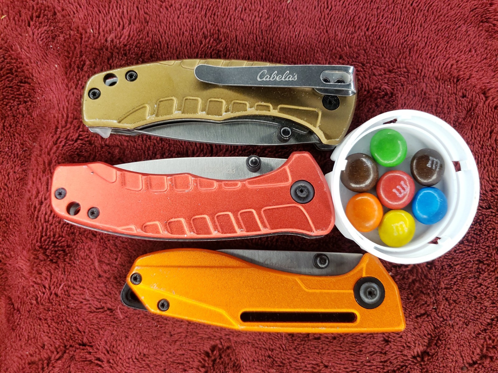 Lot 3 Cabela’s Plain Edge Liner Lock Aluminum Scale Folding Red Orange Tan