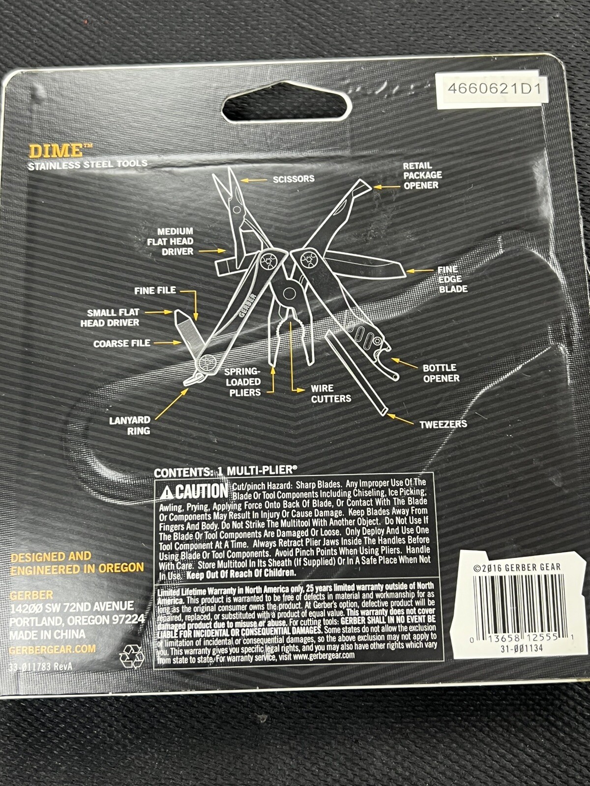 GERBER DIME 12 Tool Multi-Plier. Stainless Steel. Keychain Compatible. Black. 