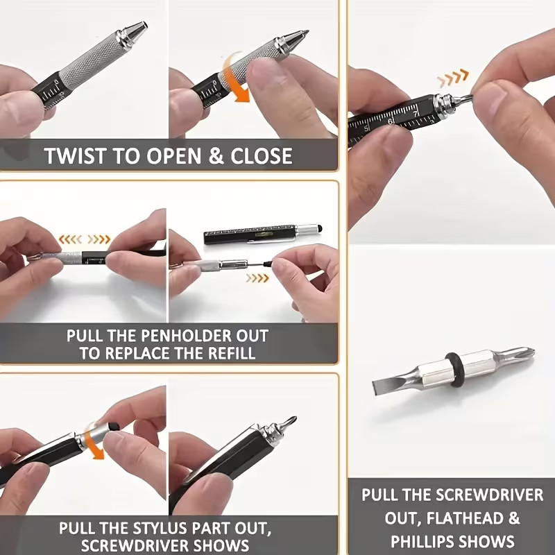 12 pcs – 6 in 1 Multitool Tool Pen, 12 Ink Refill, 6 colors. U.S. Seller.