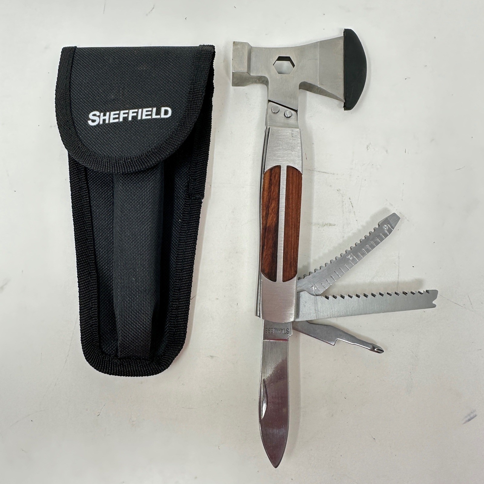 Sheffield Multi-Tool Hammer Hatchet Stainless Steel Wood Inlay with Nylon Pouch