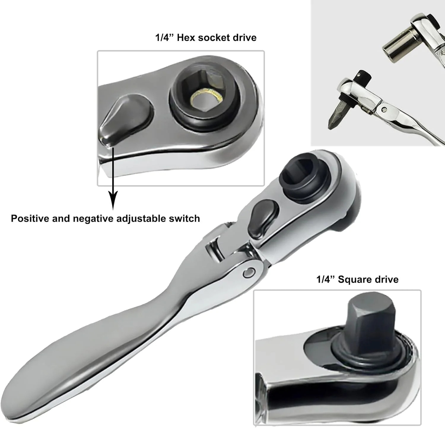 1/4″ Drive Ratchet Wrench, 2-In-1 Hex Bit Driver & Socket Wrench Flex Head Ratch