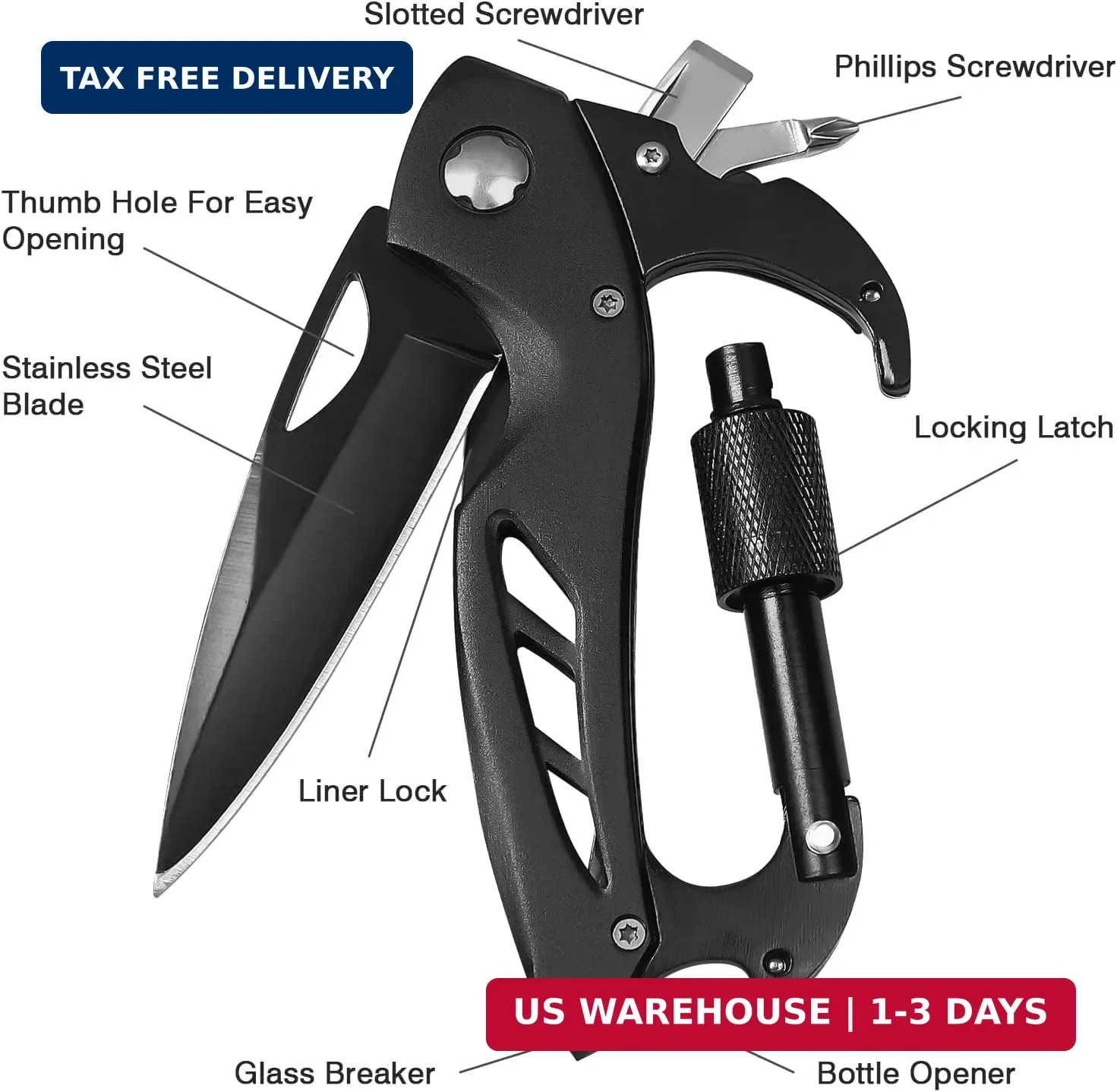 FUNBRO Multitool Carabiner with Pocket Knife, Stocking Stuffers Gifts for Men, E