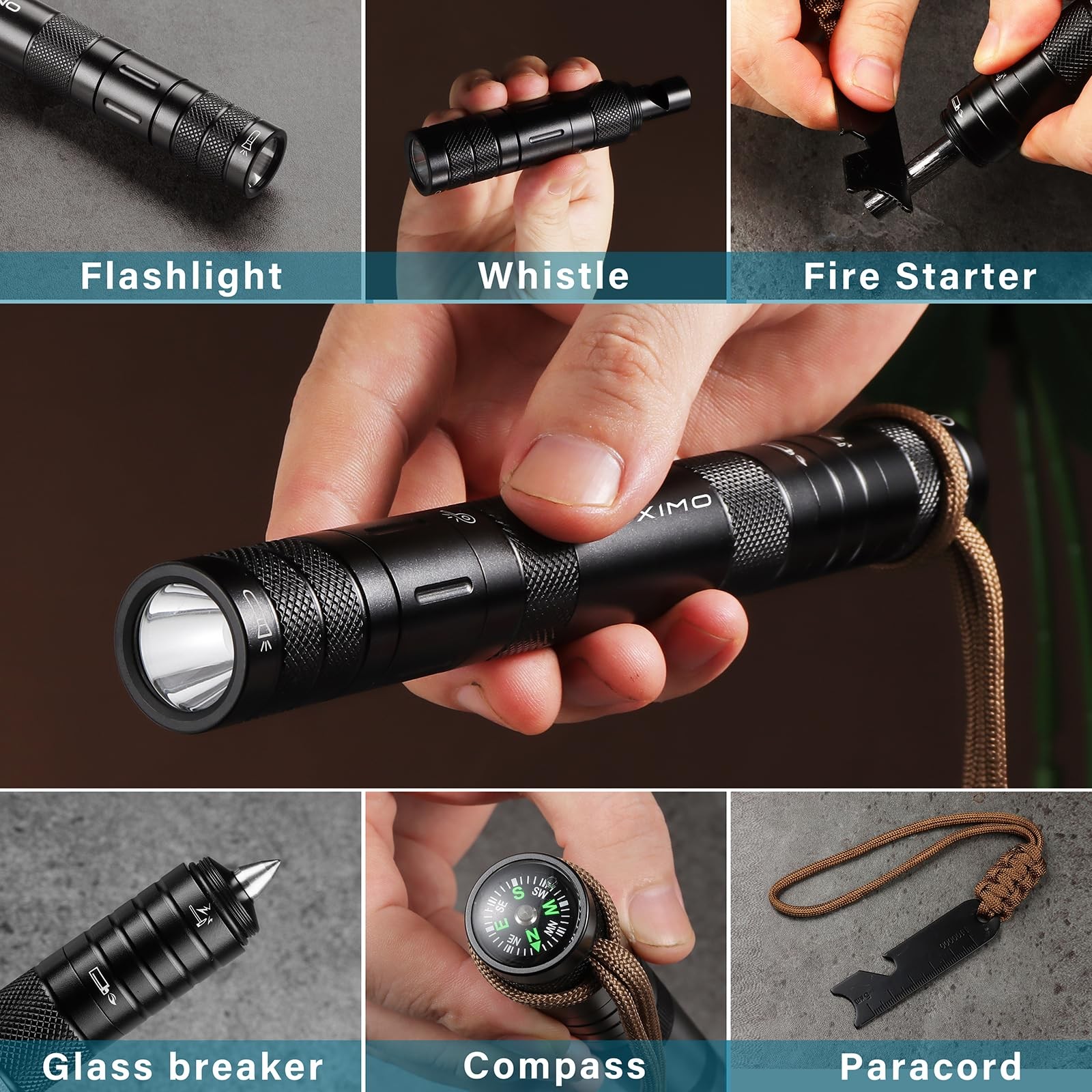 POXIMO 9-in-1 Survival Multitool Flashlight Fire Starter Compass Camping EDC