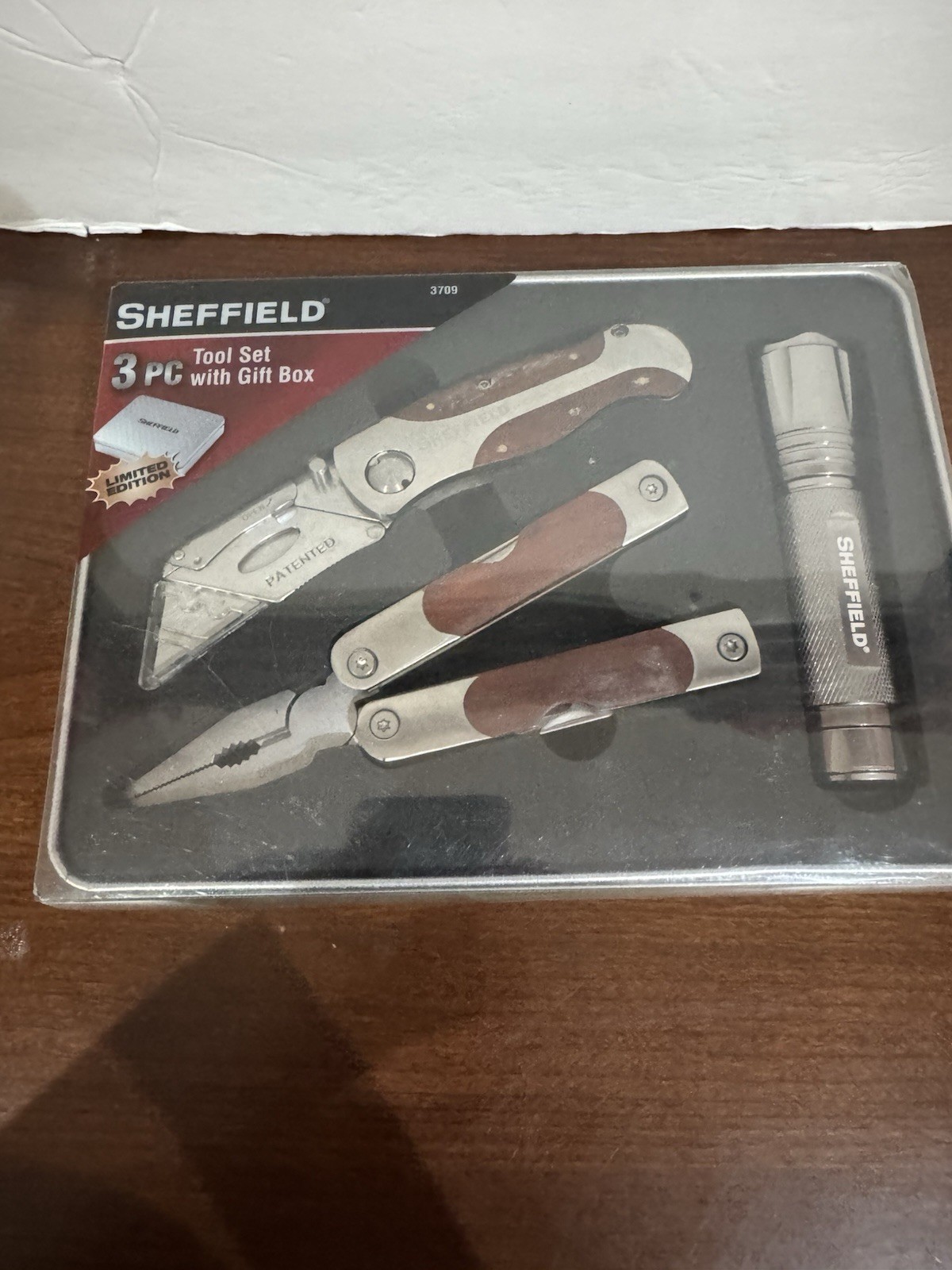 NEW Sheffield 3 Pc Tool Set With Tin Box Multi Tool Utility Knife Flashlight