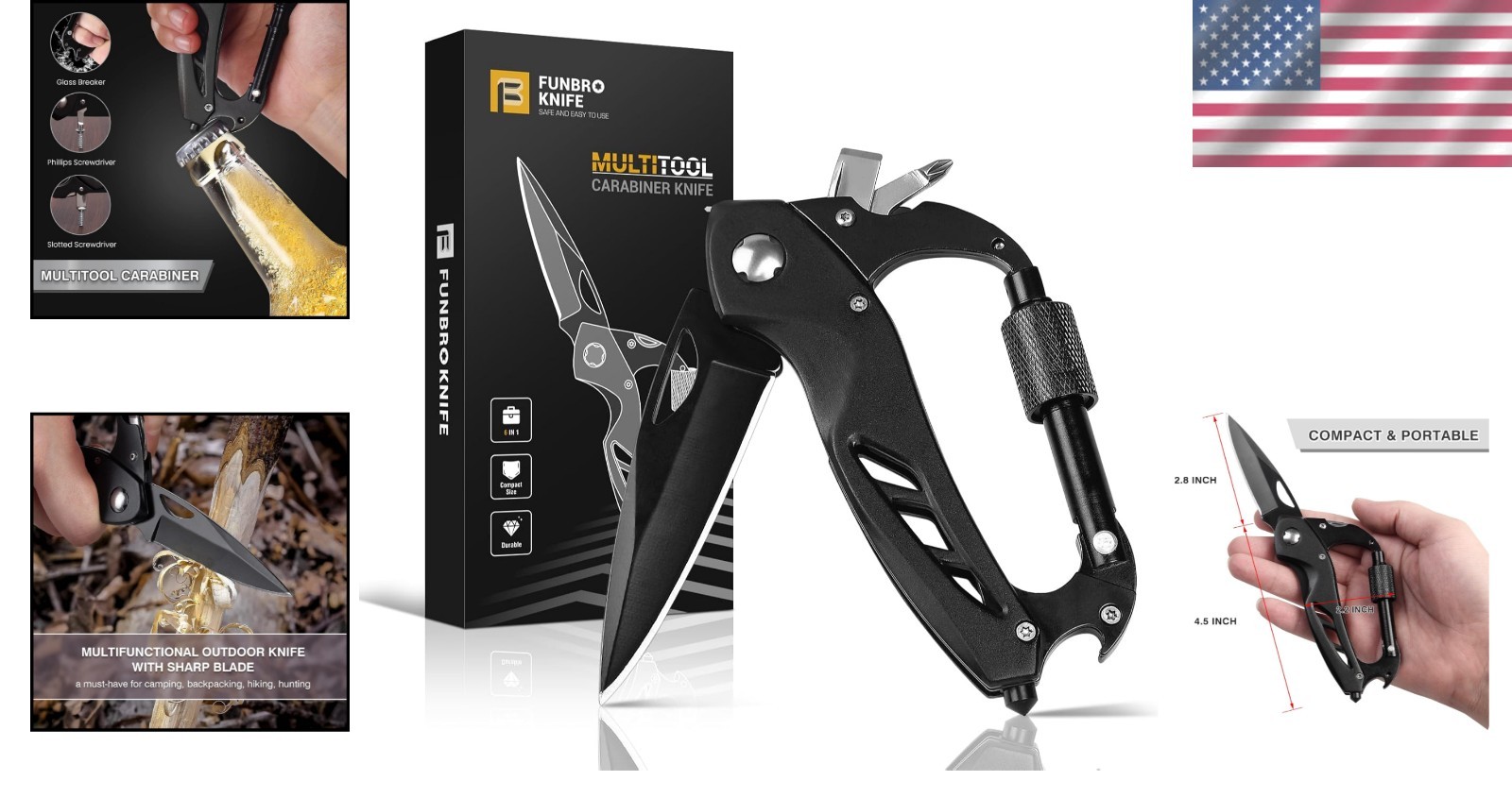 Stylish Black Multitool Carabiner with Knife and Glass Breaker – Perfect for Men