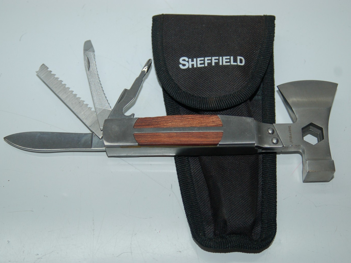 Sheffield Multi Tool Hatchet Axe Folding Knife Saw Blade Stainless with Sheath