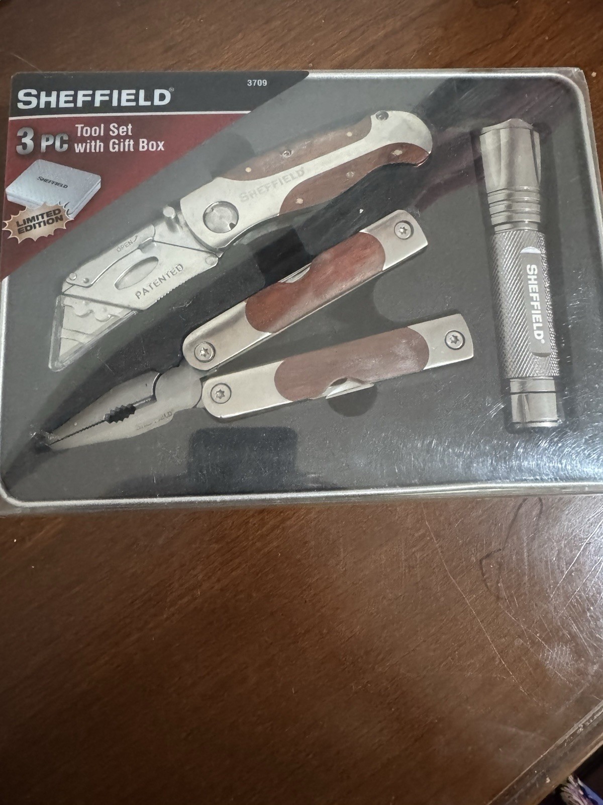 NEW Sheffield 3 Pc Tool Set With Tin Box Multi Tool Utility Knife Flashlight