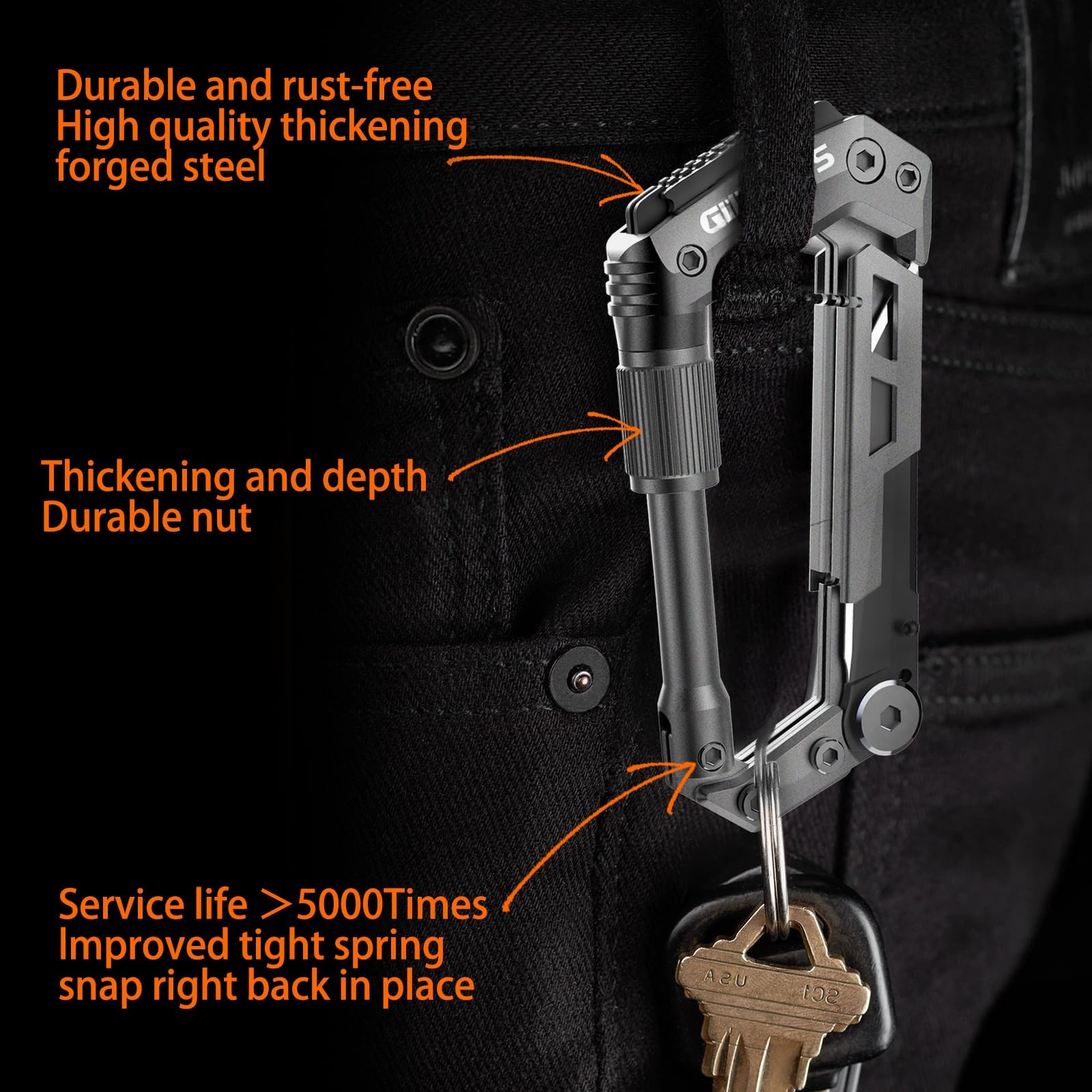 Carabiner Multitool with Pocket , 8-in-1 EDC Carabiners, Serrated , Rope Cutt…