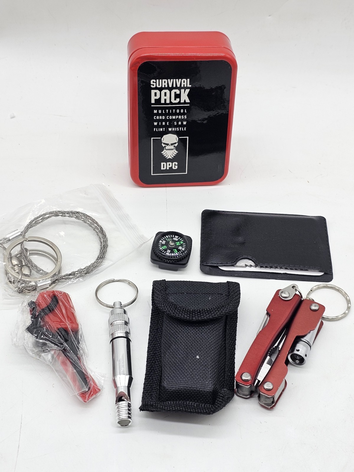 DPG Survival Pack MultiTool Card Compass Wire Saw Flint Whistle