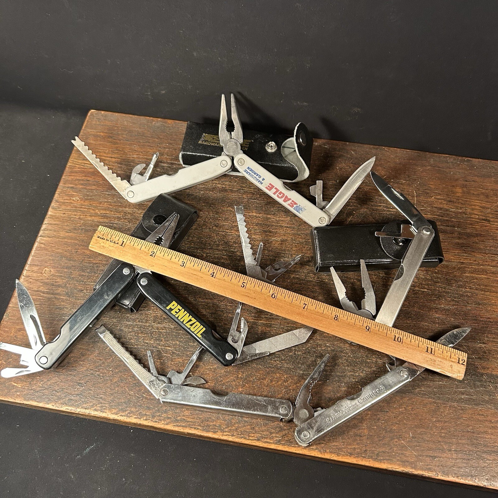 Vintage Multi Tool Lot (4) Knife Pennzoil Eagle Coleman American Camper