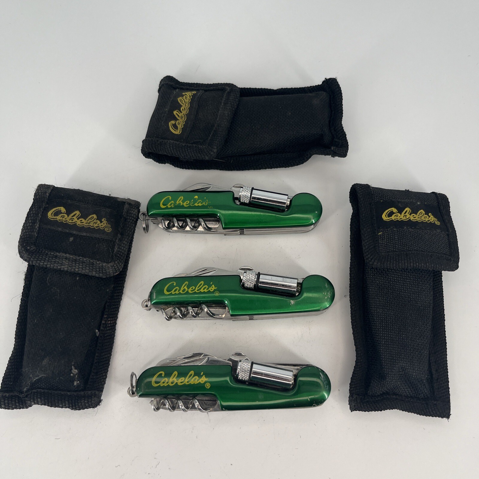 LOT OF 3 Cabella’s Green Multi Tool 8-in-1 Pocket Knife – SAVE BIG! W NYLON CASE