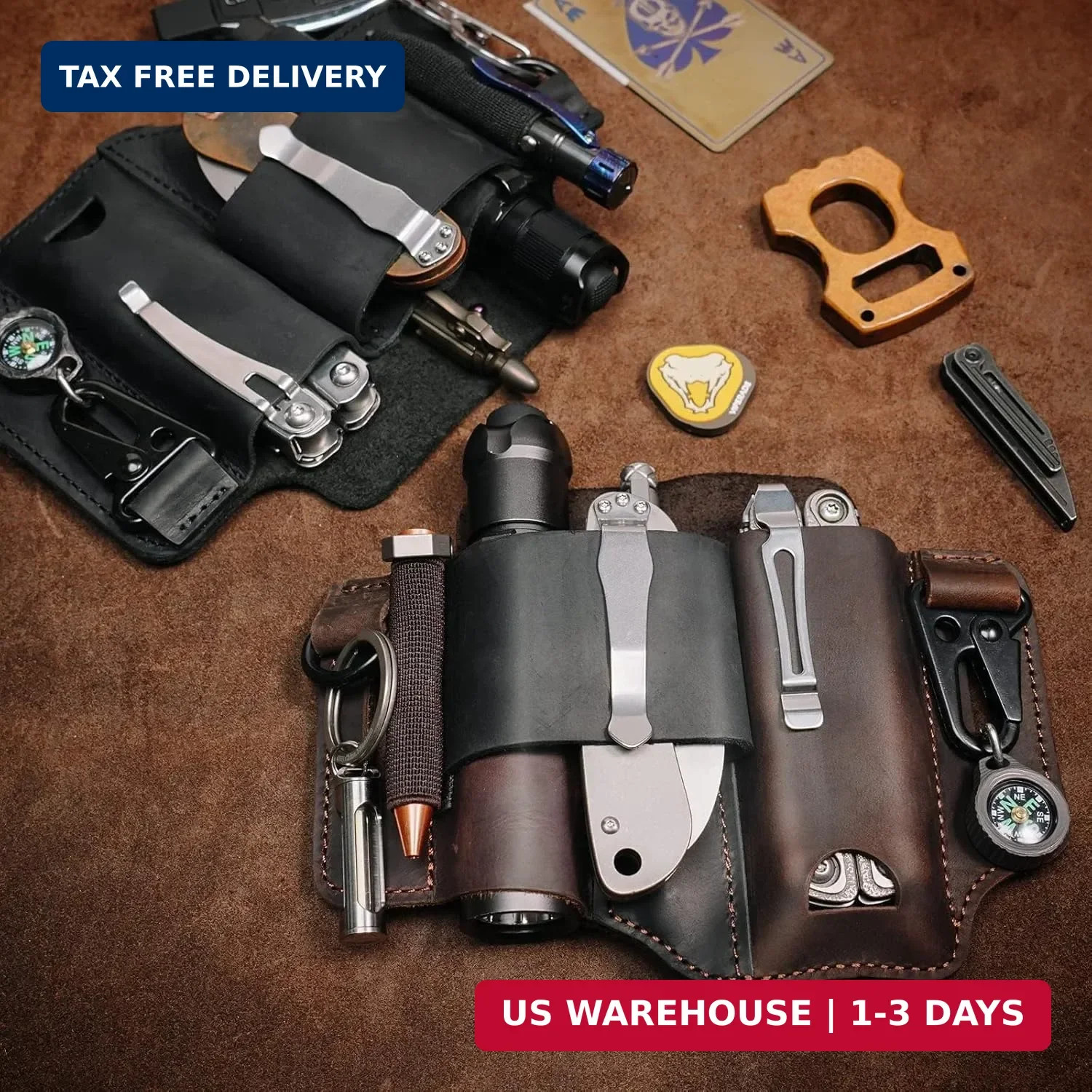 Leather Multitool Sheath – EDC Belt Organizer for Leatherman Tools, Flashlight,
