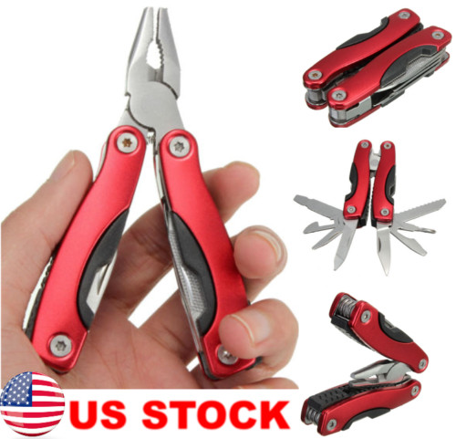 Outdoor Survival Stainless Steel Multi Tool Plier 9 In 1 Portable Compact Red