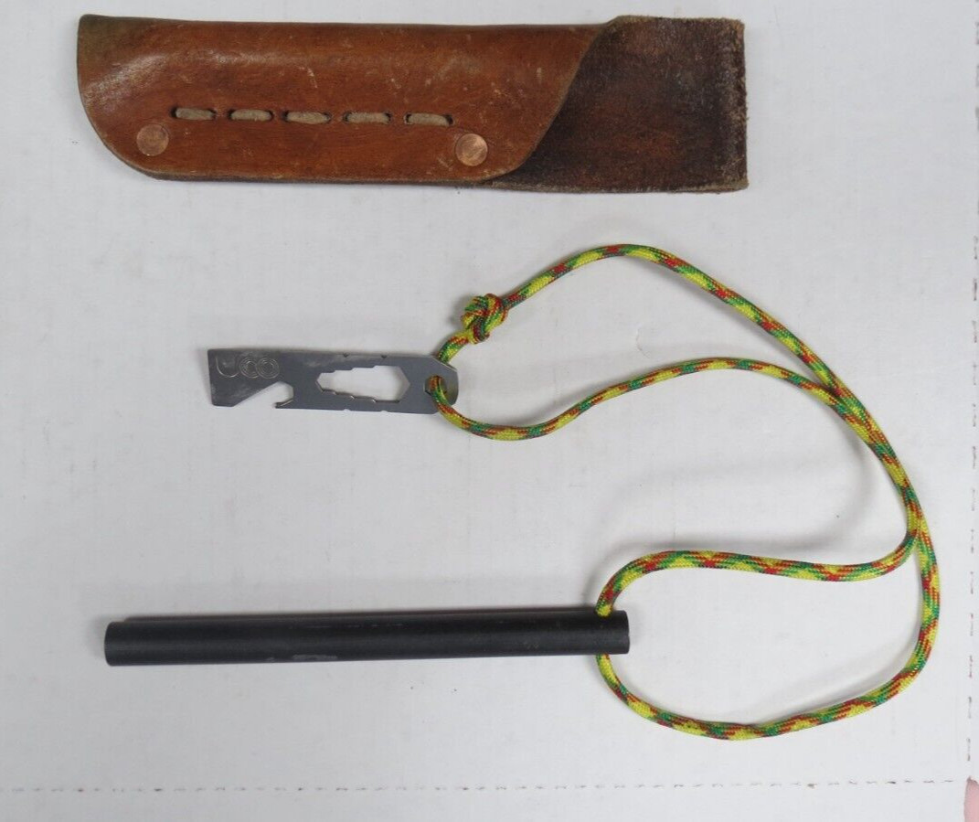 UCO MULTI SCREWDRIVER TOOL W/ FLINT ON STRING-LEATHER SHEATH- HANDY !!!
