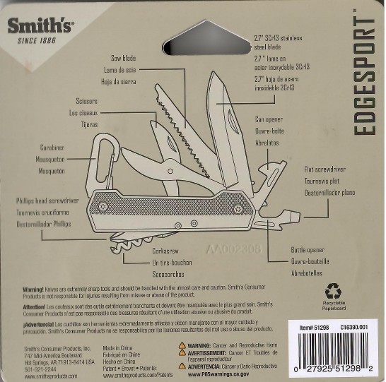 SMITH’S EDGESPORT MULTI TOOL BLACK Item 51298 9-in-1, 2.7″ blade