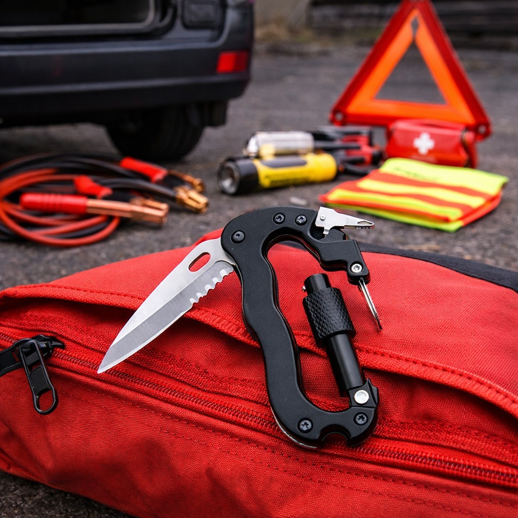 Survival EDC Carabiner Multitool w/ Knife Bottle Opener Glass Breaker Keychain